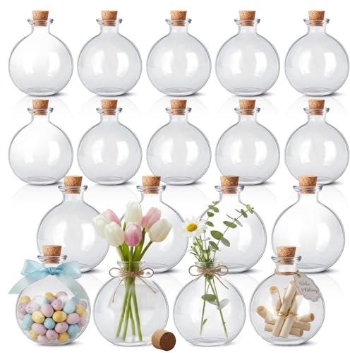 Tessco for you 12 Pcs 8.5 oz Glass Potion Bottles with Cork, Round Spherical Apothecary & Decorative Bottles for Candy, Spices, Vanilla Extract, Wish Messages, Snow Globe & DIY Crafts (Classic)