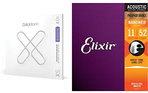 D'Addario Gitarrensaiten Akustikgitarre | Gitarrensaiten Westerngitarre | Ultra haltbare Premium-Saiten & Elixir 16027 Saiten Phosphor Bronze Akustik-Gitarrensaiten, Custom Light (.011-.052)