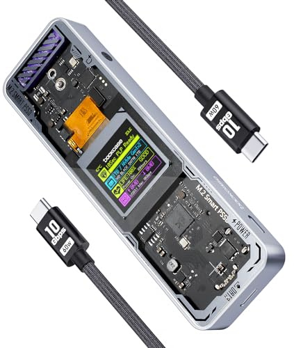 DOCKCASE Explorer Edition Smart SSD Enclosure -10s Power Loss Protection, NVMe M.2 Enclosure Real-time SSD Health Detection, Dual Type-C Ports USB-C 3.2 (10Gbps) Supports NVMe SSD Up to 4TB Silver