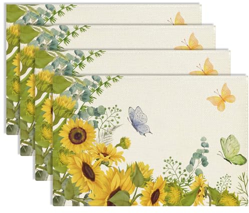 Sonnenblumen Schmetterling Platzsets 4er Set Tischsets Gelbe Blume Platzsets Sommer Saisonnal Tisch Dekoration für Küche Bauernhaus Party 30x45cm