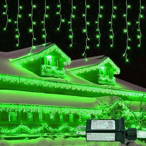 oopswow 33FT 300 LED Icicle Christmas Lights,Waterproof 8 Modes Plug in Curtain Lights with 50 Drops,Green Christmas String Lights for Indoor&Outdoor,Wedding,Party,Bedroom,Home,Wall Decorations