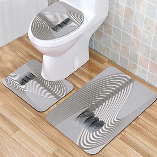 Bathroom Mat, Bathroom Non-slip Mat,Japanese Zen Garden with Stacked Stones in raked Sand,Bath Mat Set 3 Pieces Absorbent Non-Slip Bath Mat Toilet Rug Bath Rug for Bathro