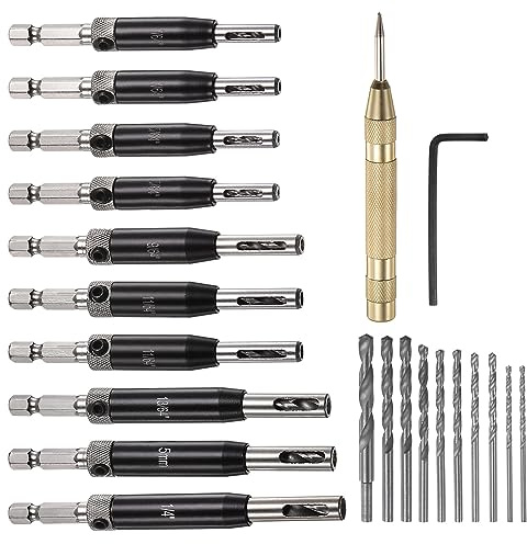 sourcing map 22pcs Self Centering Drill Bit Set 5/64 - 1/4 Door Hinge Drill Bit High Speed Steel Hex Shank Spring Loaded Woodworking Bits with Hex Key and Extra Replacement Drill Bits