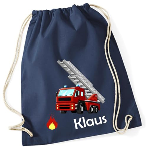 minimutz Turnbeutel Feuerwehr mit Namen personalisiert - Stoffbeutel Jungen Rucksack - Sportbeutel zum Zuziehen - 12L - 37x46cm (dunkelblau)