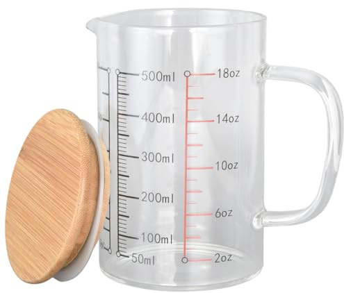 VIFERR Taza Medidora de Vidrio, Taza Medidora de Leche Resistente al Calor, Vaso Medidor de Vidrio con Tapa de Madera, Herramienta para Hornear