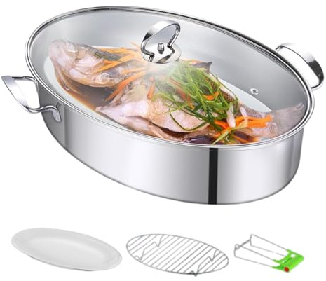 GOVNPJ Stainless Steel Fish Steamer, Fish Steamer for Cooking Multi-Use Oval Pasta Pot/Braiser with Rack, Ceramic Pan, Chuck, Stockpot for Steaming Fish, Boiling Soup