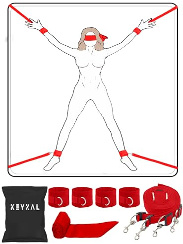 Menottes BDSM Réglables, Kit Bondage Lit SM, Attaches Poignets et Chevilles avec Bandeau Pour Les Yeux, Jouet Sexuel Adulte, Couple, Sextoy Érotique, Plaisir Femme Homme, Accessoires BDSM (Rouge)
