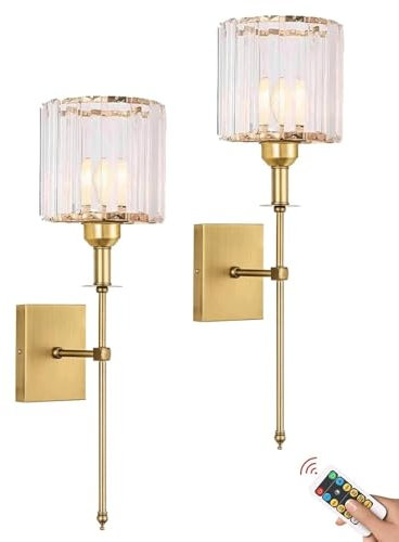 Extra Long Wall Sconces Lighting Battery Operated Set of Two,Non Hardwired Rechargeable Wall Lights with Remote,Modern Gold Crystal Wall Lamp Fixture Indoor Decor for Bedroom Bathroom Living Room(Gold