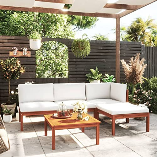 Homgoday Gartenmöbel-Set 5-teilig mit Kissen Creme Massivholz Akazie, Schlafsofa, Modernes Sofa Wohnzimmer, Outdoor-Sofa für den Garten, Outdoor-Möbel