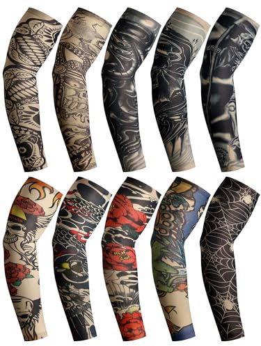 Boao 20 Pcs Men's Cooling Arm Sleeves Long Fingerless Arm Cover Anti Slip UV Protection Sun Temporary Tattoo Sleeves(Medium,Gothic Style)