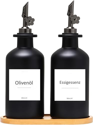 BIKALAN Essig und Ölflaschen Set, 350ml x 2 Ölflasche, Olivenöl Flasche Set, Ölspender, Automatisches Öffnen und Schließen Olivenöl Flasche, mit 40 Aufkleber, Trichter (Grau, 350ml)