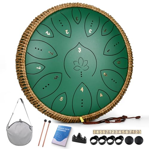 Steel Tongue Drum 13 Inches 15 Notes, Hand Pan Drums for Adults 440hz, C Major Handpan Musical Instrument with Song Book, Mallets and Carry Bag, Green
