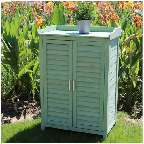 ASKLFNEI Hölzerne Topfbank im Freien mit Doppeltüren für galvanisierter Desktop, Lagerschrank, Gartenbaupflanzungs-Arbeitstisch für Garten Balkon Hinterhof(Green)