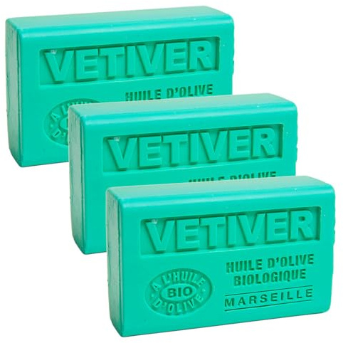 Label Provence Nature Savon de Marseille – pflegende französische Seife aus reinem Bio-Olivenöl und Sheabutter – Vetiver-Duft – 125 g Riegel – 3er-Set
