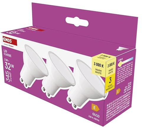 EMOS LED Lampe Spot 3er Pack, MR16 mit GU10 Sockel, 3W Ersatz für 32W Halogenlampe, Helligkeit 345 lm, Warmweiß 3000 K, 30000 h Lebensdauer, CRI min. 80, 100° Abstrahlwinkel, weiße Farbe