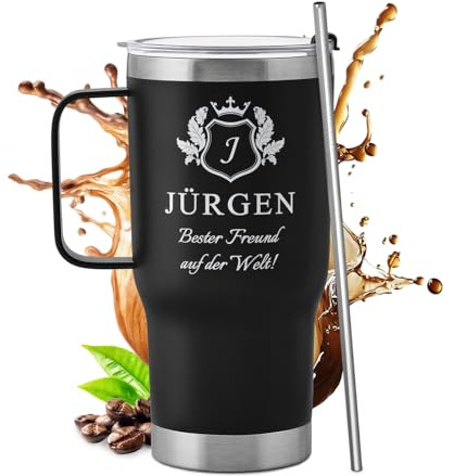 Maverton Personalisierter Thermobecher 600 ml - Edelstahl Kaffeebecher to go mit Griff und Strohhalm - Geschenke für Männer - Geschenk Valentinstag für Ehemann - Schwarz