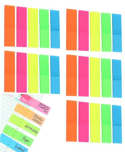 JEXOWIQ Languettes adhésives,1250PCS Marque Page Autocollant, Notes Autocollantes, Marqueur de Page Onglets D'Index pour Étiquettes Onglets séparateur Guides d'index, 5 Couleurs,75x50mm