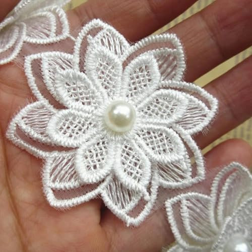 12 x lösliche weiße Spitzenbesatzbänder aus Polyester mit Perlen und Blumenstickereien, Stoff, Nähzubehör, Basteldekor, DIY-Handarbeit, weiß