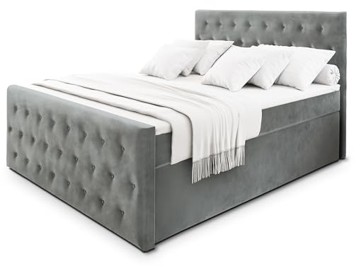 Masseno Boxspringbett FONDI 160x200 cm Komplett-Set mit Matratze und Topper, Polsterbett mit Zwei Bettkästen -Hellgrau, Casablanca 14
