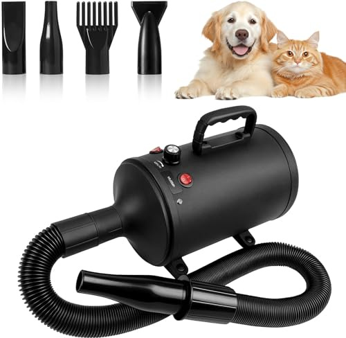 3800W Dog Hair Dryer - Professional 3800W High-Power Pet Blaster Dryer with Adjustable Temperature and Wind Speed, Low Noise Operation, and Four Nozzles for Efficient Pet Drying