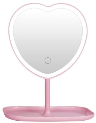 Espejo de tocador en forma de corazón para maquillaje con atenuación de tres niveles y luces LED. Espejo cosmético de plástico de doble cara giratorio para mesa. Para la rutina de belleza de las niñas