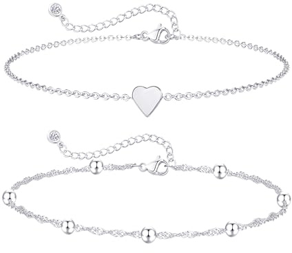 ZOERAY FußKettchen für Damen Gold Silber Wasserfest Fussketten für Frauen Silber 925/18K Vergoldete Boho FußKette mit Herz Perlen Einstellbar Schlangenkette Geschichtet Sommer Strand Schmuck Mädchen