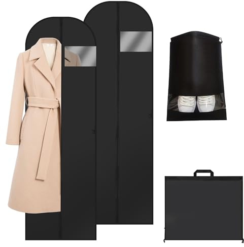 BUCOMTU 2 Pezzi Custodia Porta Abiti 180×60 cm, Nero Borsa Porta Abiti Pieghevoli con 2 Pezzi Borse per Scarpe, Copriabiti Antipolvere per Costumi da Sposa, Abiti da Sera, Camicia, Lunghi Cappotti