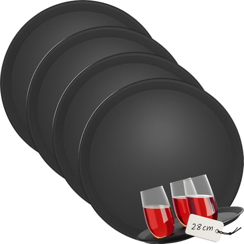WELLGRO 4X Kellnertablett rutschfest Ø 28cm - Serviertablett Gastronomie, Gastro Tablett rund, Antirutsch Tablett schwarz, Restaurant, Servierplatten