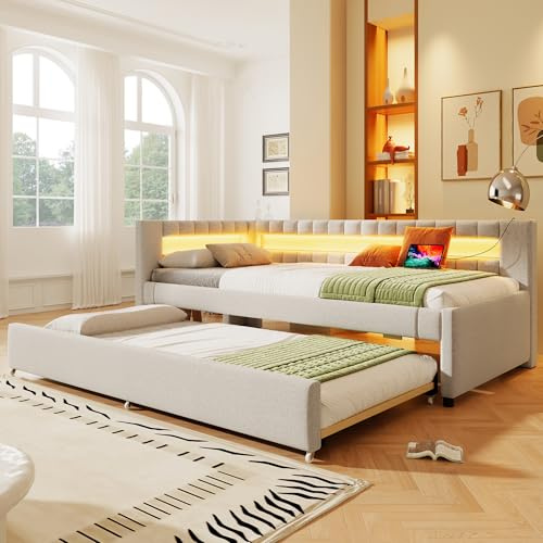 Kebnor Daybett, Tagesbett, Schlafsofa, 90 * 200cm, Bett mit LED-Fernbedienungslichtleiste am Bettende, Bett mit Ausziehbett ohne Matratze, USB + Type-C, Leinen(beige, 90 * 200cm)