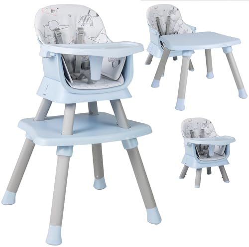 GOPLUS Trona Evolutiva Bebe 6 en 1 para Niños 6-36 Meses Hasta 25kg, Silla Bebé Comedor Portati con Bandeja Extraíble, Pies Antideslizantes, Arnés de 5 Puntos, Asiento para Juegetes y Estudio (Azul)