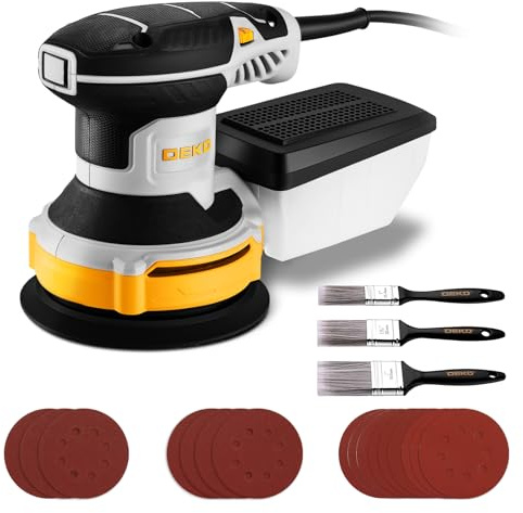 Electric Orbital Sander for Wood: DEKOPRO Sanding Machine with Dust Collector,16Pcs Sandpapers, 6 Variable Speed 14000RPM, 125MM Hand Tool, 3*Flat Paint Brushes,Fit for Woodworking/Sanding(Grey)