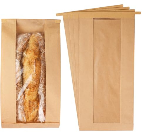 50 Pack Long Paper Bread Bags with Tabs for Homemade Sourdough, Resealable Bakery Bags with Window for Oval Sourdough Bread, Loaves, Pastries, Baguettes (6.3x2.7×13.7 Inches)