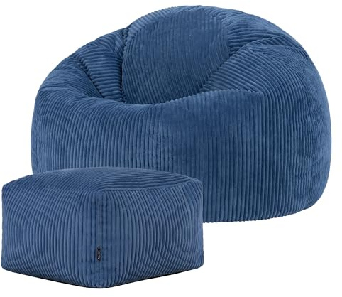 Icon Kingston Sitzsack Cord und Hocker mit Füllung, Blau | In Deutschland Hergestellt, Sitzsack Erwachsene, Weicher Cordstoff, Sitzsack Sessel für Wohnzimmer und Schlafzimmer