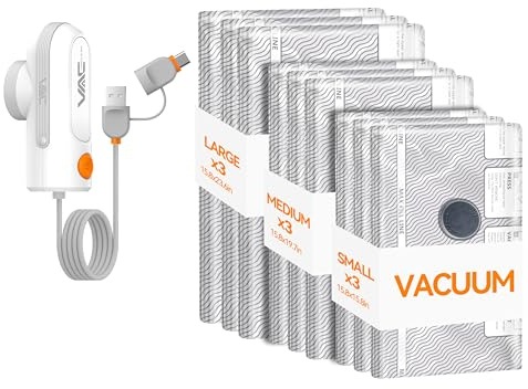 VACKFOX Resa Vakuumförvaringspåsar med USB och typ C-pump, 9-pack handbagage storlek komprimeringsväskor för bagage och resväska, platsbesparande för kläder och kläder resor
