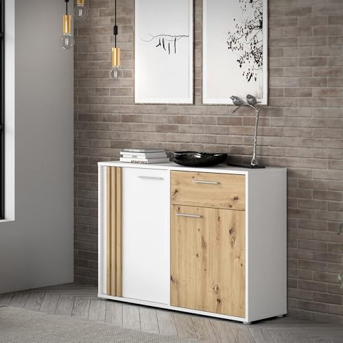 Forte Cardigan Kommode 120, Moderne Kommode, 2-türig mit Lamellendesign, 1 Schublade, Wohn-/Schlafzimmer, Artisan Eiche Holzdekor|Weiß, 115,8 cm breit x 82,3 cm hoch x 34,3 cm tief