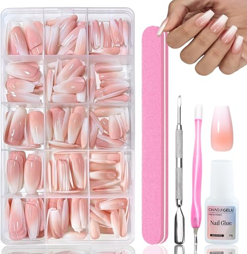 240 Stück Rosa Gradient Künstliche Nägel zum aufkleben - French Press On Nails Middle Ballerina, Full Cover Soft Gel Fingernägel, mit Nagelkleber - Ombre Fake Nägel für Frauen DIY Nageldesign
