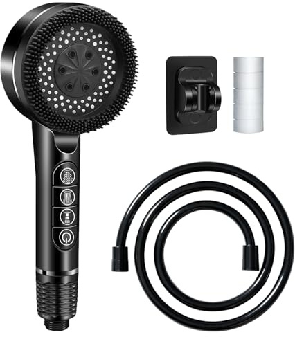 Handheld Shower Head Set, 4 Spray Modes, 1.5m Hose, Drill-Free Holder | Low Pressure, Gravity Fed, Built-In Mesh, Soft Mist Mode, Anti-Kink Hose, Drill-Free Mount, G1/2, Black