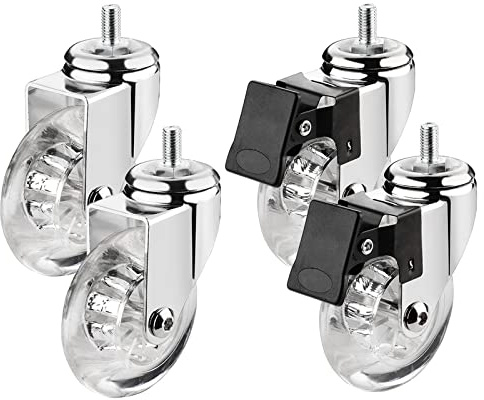 4er Set Lenkrollen for Möbel Ø75mm, mit Gewindestiften M8x15, M10x15 und Kugellagern, transparente Gummi-Lenkrollen, Transportrollen, Einzellast 40kg(M8*15mm,2 Braked+2 Swivel)