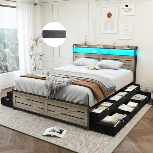 Kiivakii Queen Size Bed Frame with 12 Storage Drawers, LED Headboard with Charging Station, Metal Platform Bed Frames, No Box Spring Needed, Noise Free, Stable and Solid, Gray
