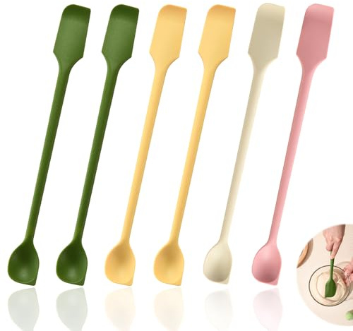 Foonary 6 cucharas de resto y raspador de masa, pequeñas espátulas de silicona, dos cilindros, resistentes al calor, mango largo con buen agarre, no pegajoso y fácil de limpiar, multicolor (amarillo