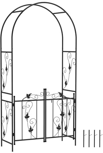 Outsunny Garden Arch 2.17m with Gate, Garden Arbor Trellis for Climbing Plants, Roses, Vines, Wedding Arch for Outdoor, Garden, Black