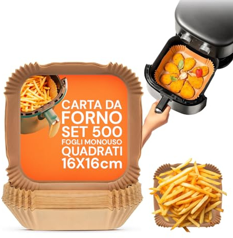 Avilia – Carta Forno per Friggitrice ad Aria 4,5 cm di Altezza, 100% Biodegradabile e Impermeabile, Ideale per Cottura Sana Senza Olio, Confezione Rigida Apri e Chiudi (Quadrata 16x16 cm, 100, unità)