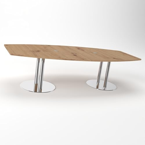 Konferenztisch KONTI 280x130 cm – ovaler Besprechungstisch in Asteiche mit verchromten Säulenfüßen & 2 Kabelauslässen, erweiterbarer Meetingtisch für 8–10 Personen, moderner XXL-Tisch fürs Büro