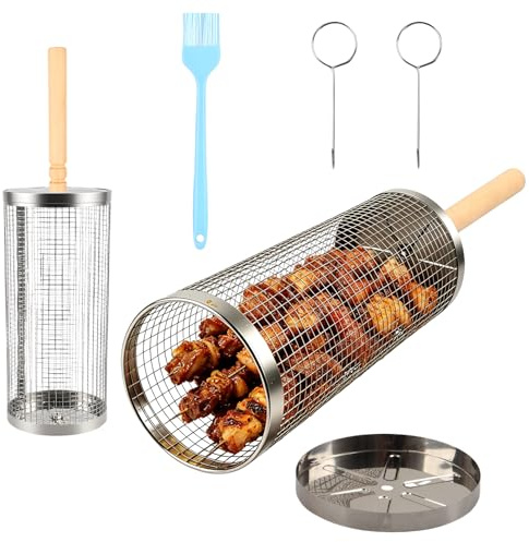 2PCS Rolling Grill Basket with Removable Wooden Handle 304 Stainless Steel | BBQ Accessories Tools for Vegetables Shrimp Outdoor Cooking Camping, Gifts for Dad or Men