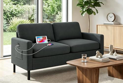 GRAVFORCE Sofa 2 Sitzer mit 2 Ladeports, 143 x 63 x 86 cm Kleines Sofa mit Armlehne und Seitentasche Modernes Stoffsofa für Wohnung Wohnzimmer Büro Jugendzimmer Dunkelgrau