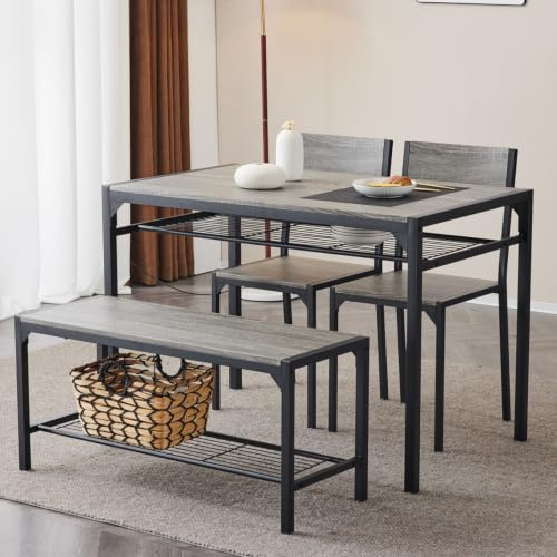 Bonnlo Esstisch mit Stauraum für 4 Personen, Küchentisch mit 2 Stühlen & Bank, Dining Table Set Esszimmertisch Essgruppe Tisch mit 4 Sitzen Set für Küche Esszimmer (Grau)
