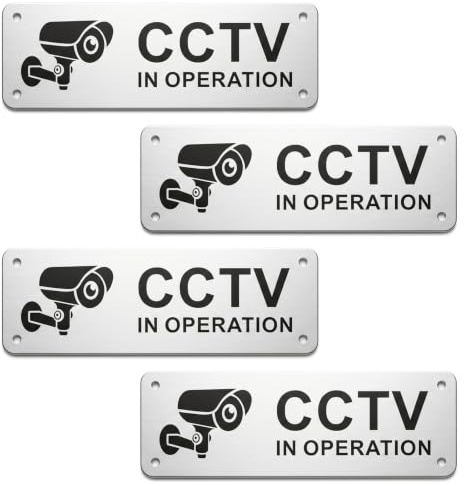 4 Pack CCTV in Operation Sign, 15x5cm Aluminum CCTV Sign Outdoor Plastic Alternative, Self-Adhesive CCTV Sticker for Windows, Waterproof Security Camera Warning Signs for Home and Business