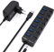 Vemont 7-Port USB 3.0 Hub, Piano chiavi di stile individuale di On/Off con 7 Indicatore LED blu 5V/2A adattatore di alimentazione (Spina europea), 1.2m via cavo per Mac OS, Windows, Linux