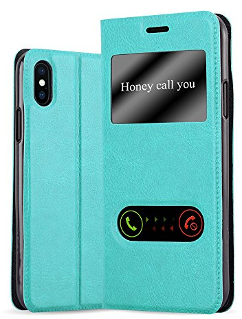 cadorabo Coque pour Apple iPhone X/XS en Turquoise Menthe - Housse Protection avec Stand Horizontal et Deux Fenêtres - Portefeuille Etui Poche Folio Case Cover