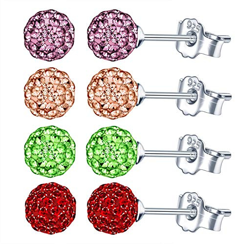 Unendlich U Fashion 925 Sterling Silber Ohrringe Earrings 8mm Österreichischer Kristallkugeln Ohrstecker Kristall Disco Shamballa Kugel Ohrringe für Damen/Mädchen,4 Paar